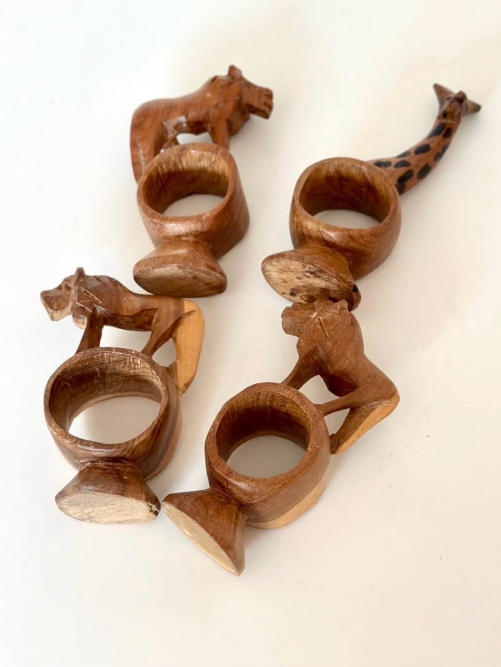 Vintage Set of 4 Hand Carved Wood African Safari Animal Napkin Rings Holders
